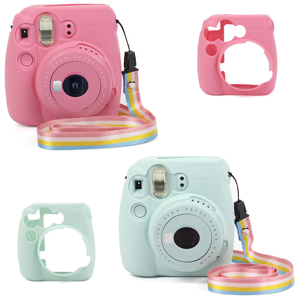 Estuche de cuero sintético para cámara Fujifilm Instax Mini 8 Mini 9, color negro, con correa para el hombro y cubierta de cristal transparente. 
