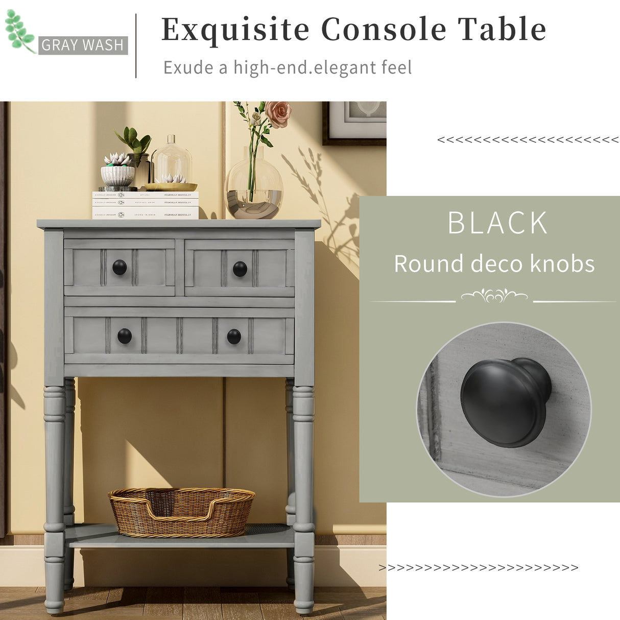 TREXM Narrow Console Desk, Thin Sofa Table with Three Storage Drawers and Living Room Bottom Shelves (Grey Washed) - V.I.P Digital Presence