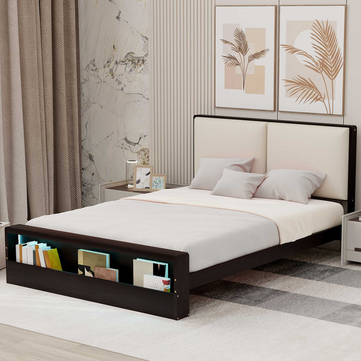 Queen Size Platform Bed Frame with Upholstery Headboard and Bookshelf in Footboard and LED Light Strips, Espresso - V.I.P Digital Presence