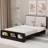 Queen Size Platform Bed Frame with Upholstery Headboard and Bookshelf in Footboard and LED Light Strips, Espresso - V.I.P Digital Presence