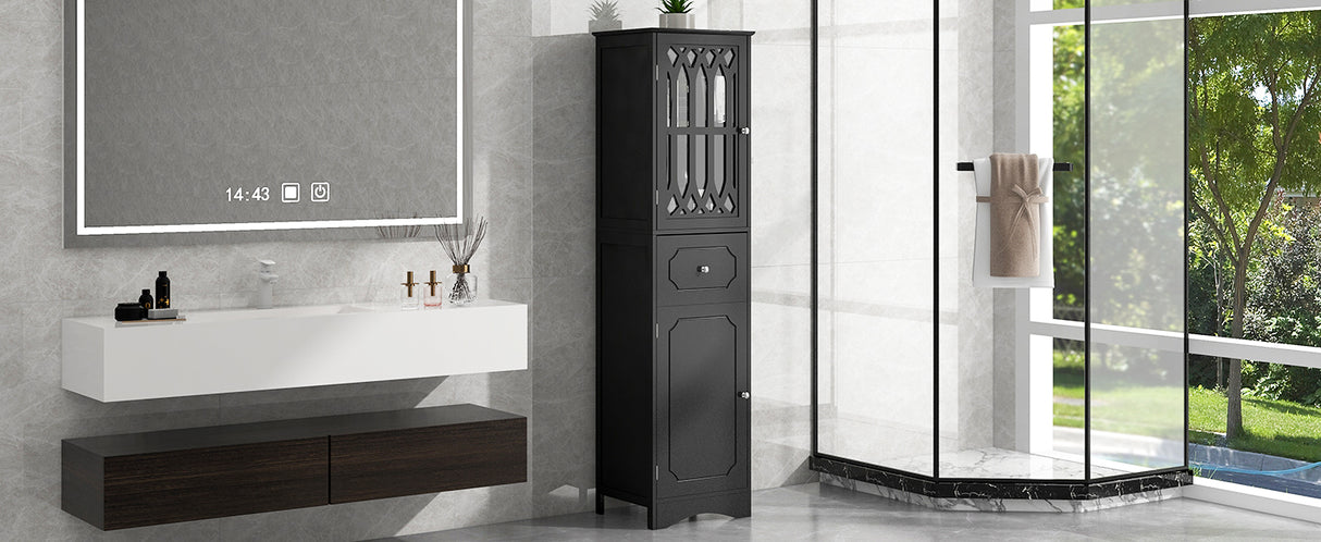 Tall Bathroom Cabinet, Freestanding Storage Cabinet with Drawer and Doors, MDF Board, Acrylic Door, Adjustable Shelf, Black - V.I.P Digital Presence