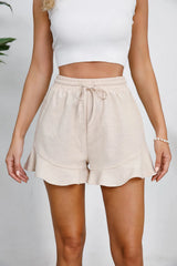 Women's cotton and linen shorts with ruffled edges and drawstring casual pants for women - V.I.P Digital Presence