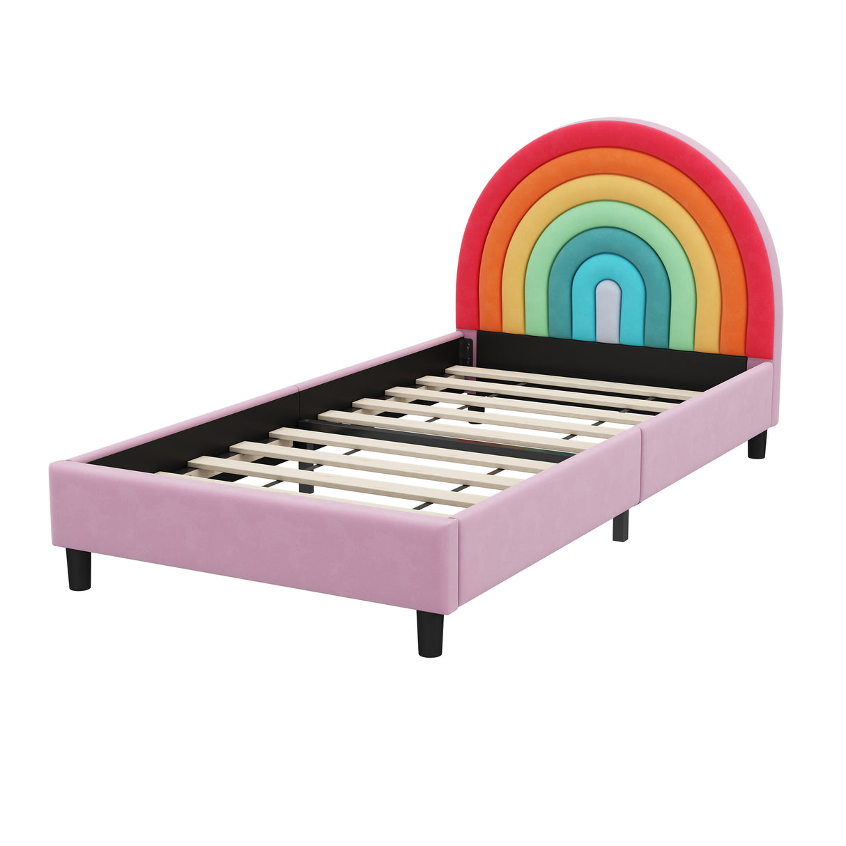 Rainbow Design Upholstered Twin Platform Bed Cute Style Princess Bed for Boys & Girls, Teens, Colorful & Pink - V.I.P Digital Presence