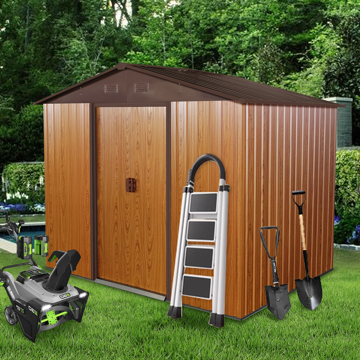 8ft x 6ft Outdoor Metal Storage Shed with Floor Base Coffee(W540S00014) - V.I.P Digital Presence