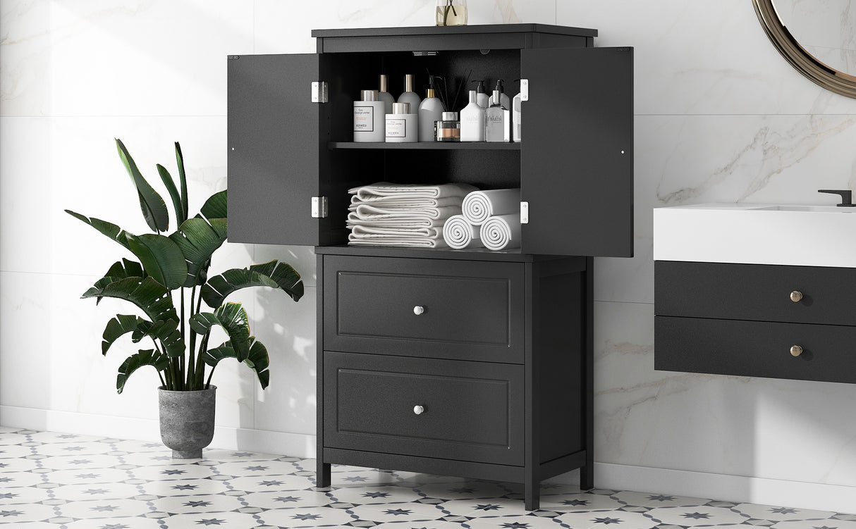 Bathroom Storage Cabinet, Cabinet with Two Doors and Drawers, Adjustable Shelf, MDF Board, Black - V.I.P Digital Presence