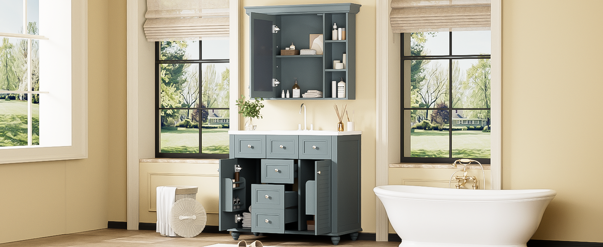36 inch modern mirror cabinet with adjustable shelves, 2 soft closing doors, and 6 drawer storage cabinet door organizers - V.I.P Digital Presence