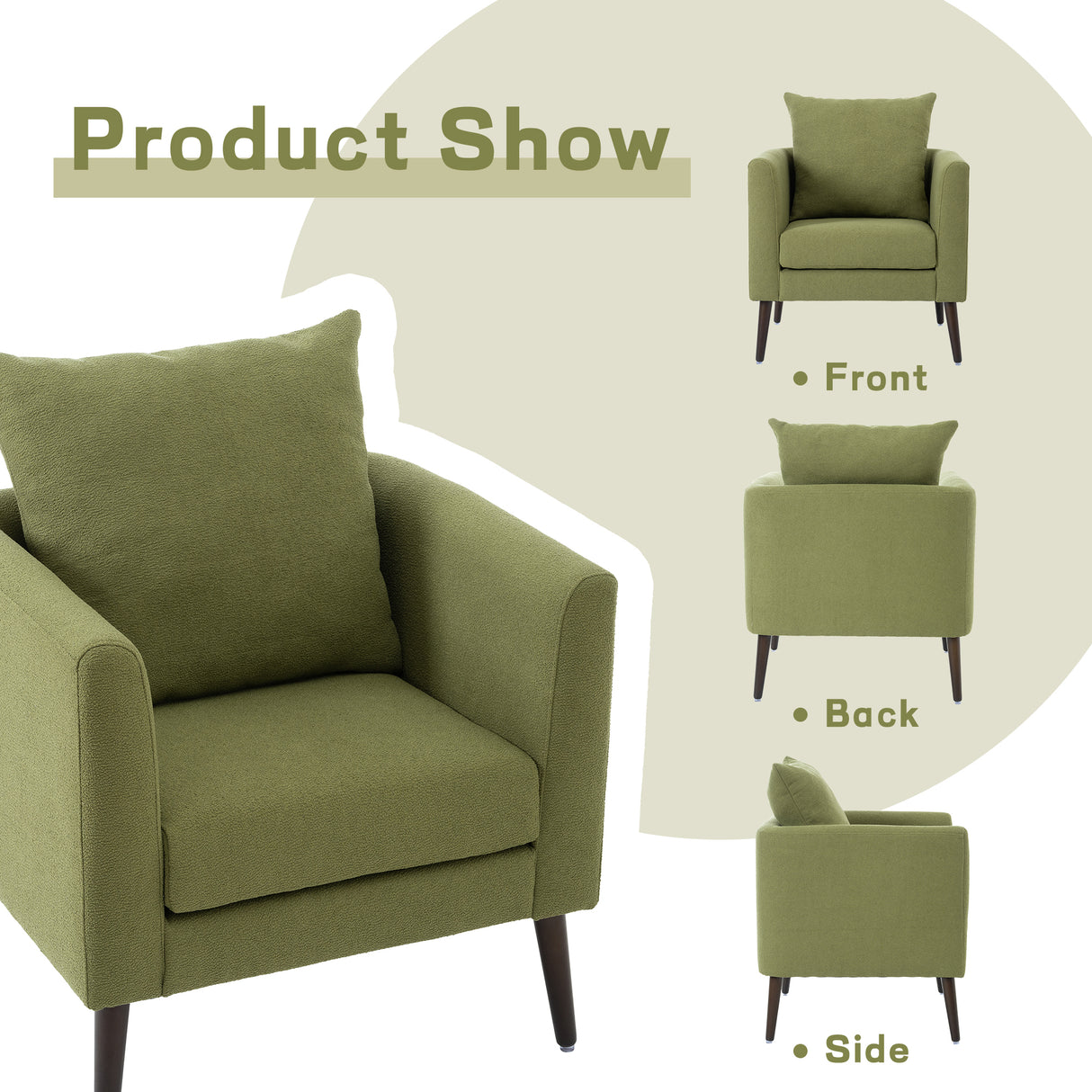 Barrel Chair, modern style chair, fabric armchair, club chair, solid wood leg cushion armchair, olive green waist pillow - V.I.P Digital Presence