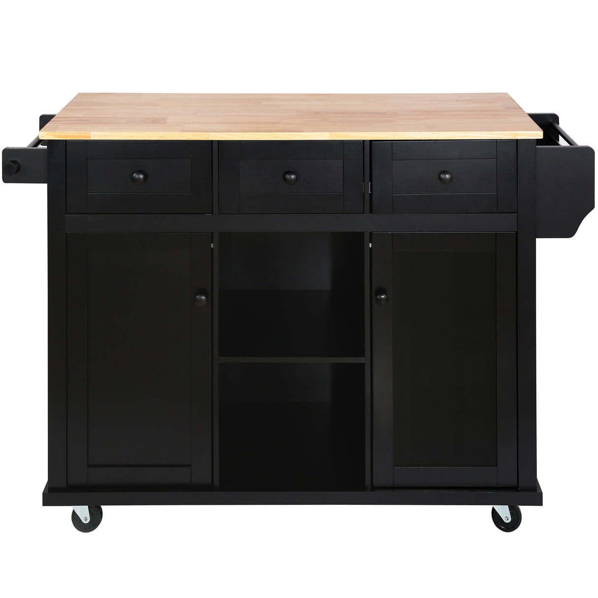Kitchen trolley with rubber wood leaf countertop, 5-wheel kitchen island, storage cabinet and 3 dining drawers, black - V.I.P Digital Presence