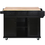 Kitchen trolley with rubber wood leaf countertop, 5-wheel kitchen island, storage cabinet and 3 dining drawers, black - V.I.P Digital Presence