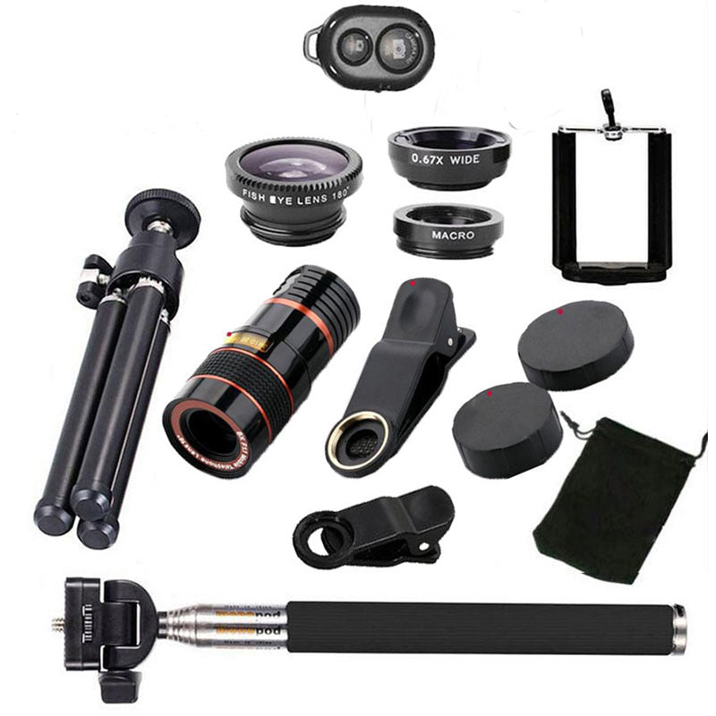 10 in 1 Kits 12x Zoom Telephoto Lens Fish eye Lens Wide Angle Macro Lenses Cell Phone Mobile Tripod - V.I.P Digital Presence