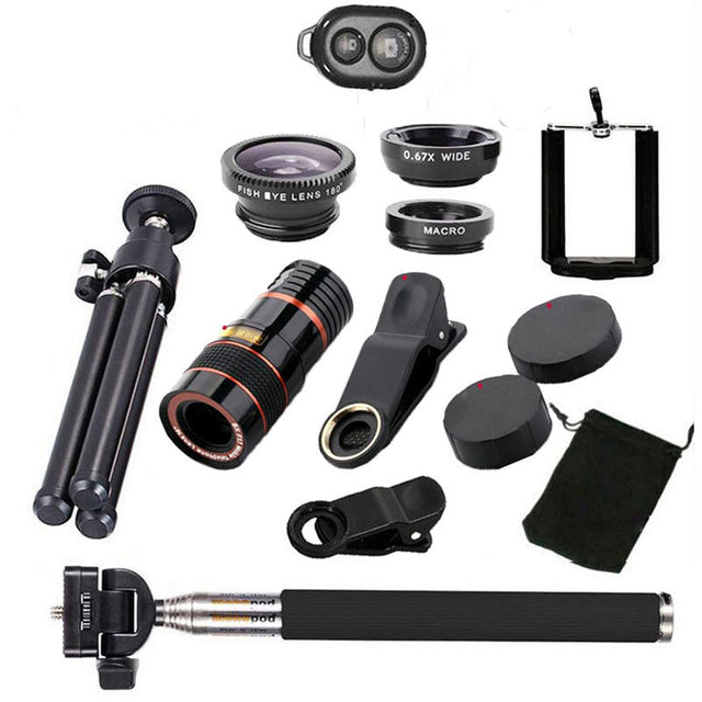 10 in 1 Kits 12x Zoom Telephoto Lens Fish eye Lens Wide Angle Macro Lenses Cell Phone Mobile Tripod - V.I.P Digital Presence