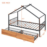 Twin Size Metal House Bed with Two Drawers, Black - V.I.P Digital Presence