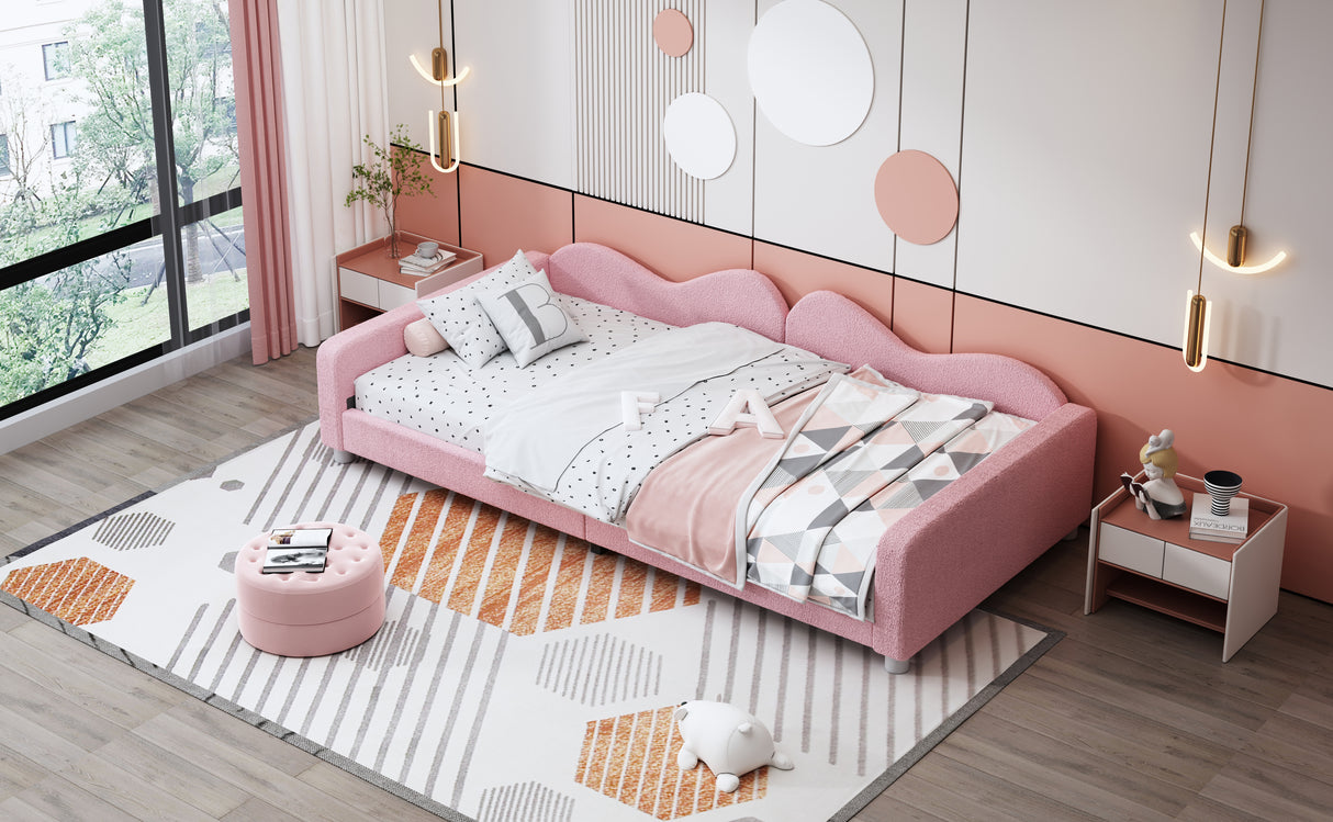 Twin size Upholstered Daybed, Sherpa Fabric Sofabed with Cloud-Shaped Backrest, No Box-spring Needed, Pink - V.I.P Digital Presence