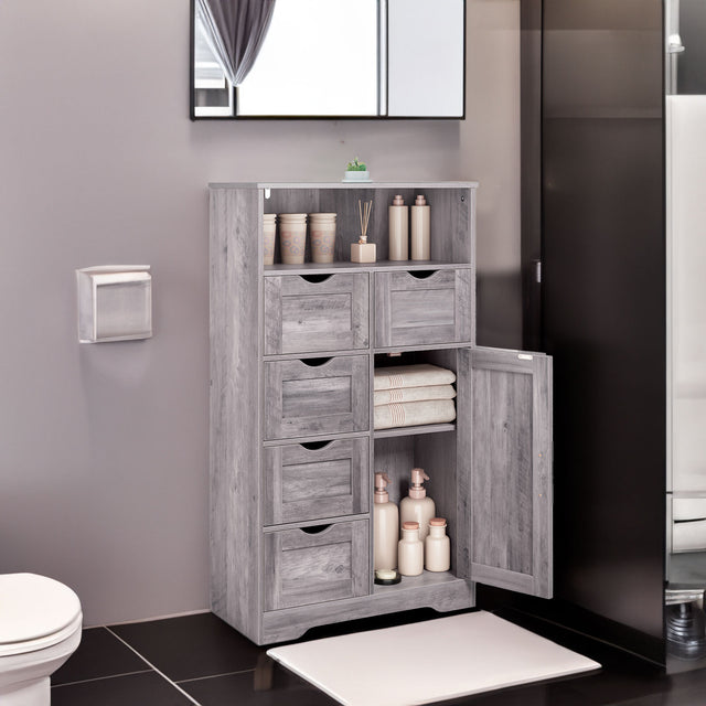 5 Drawers Storage Cabinet with Adjustable Shelves, Bathroom Cabinet with Doors, Floor Cabinet for Living Room Grey - V.I.P Digital Presence