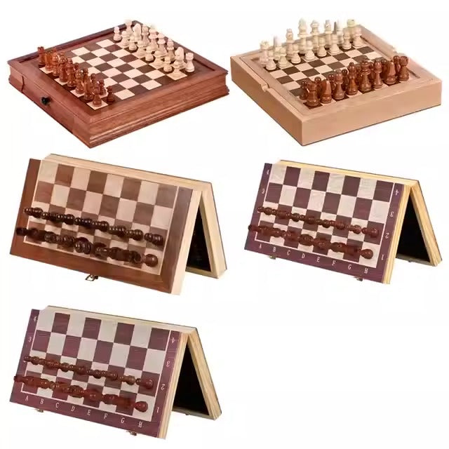 Drawer style solid wood veneer splicing chessboard magnetic chess box set