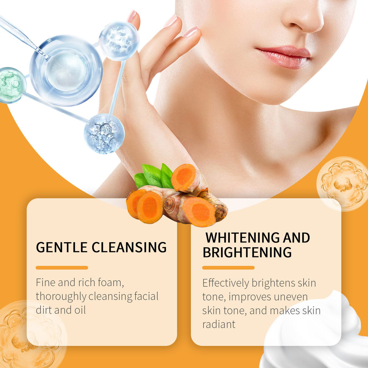 Mousse limpiadora de cúrcuma para una limpieza suave de la piel facial. Limpiador de poros. Cuidado hidratante de la piel.