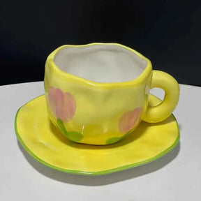 Hand Painted Blue Sky White Clouds Coffee Mug with Saucer Ceramic Handmade Tea Cup Saucer Set Lovely Gift Irregular Coffee Mug - V.I.P Digital Presence