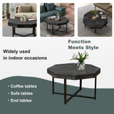 Wooden octagonal retro patchwork craft 30 inch wooden tabletop cross metal leg coffee table (Antique Black) - V.I.P Digital Presence