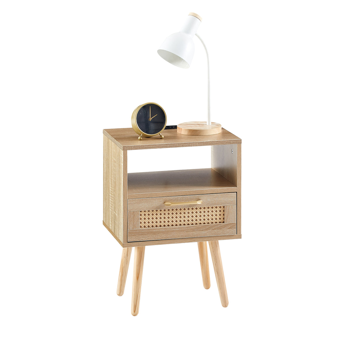 15.75" Rattan End table with Power Outlet & USB Ports  Modern nightstand with drawer and solid wood legs - V.I.P Digital Presence