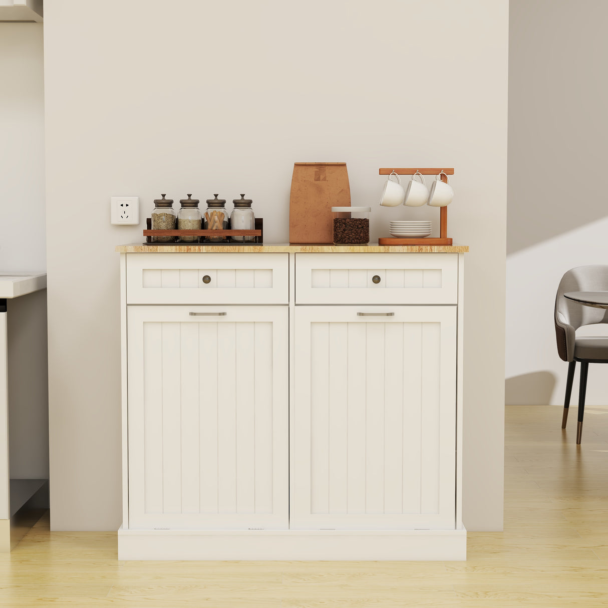 Two Drawers and Two-Compartment Tilt-Out Trash Cabinet Kitchen Trash Cabinet-White - V.I.P Digital Presence