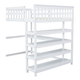 Full Size Loft Bed with Storage Shelves and Under-bed Desk  White