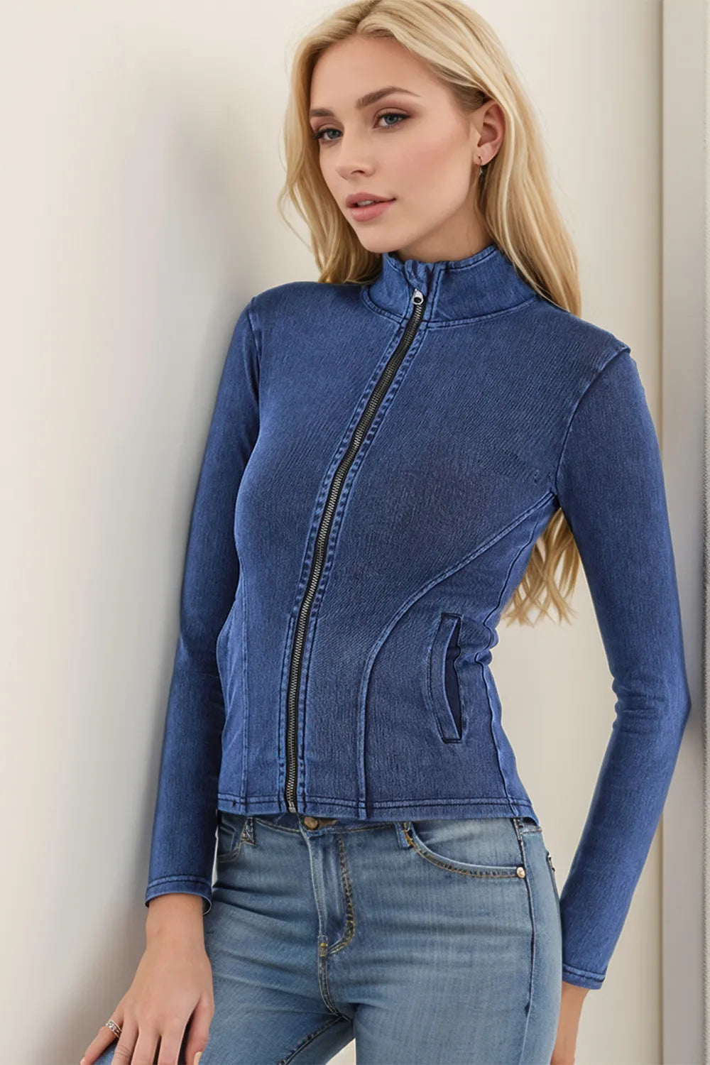 Pocketed Turtleneck Zip Up Denim Top - V.I.P Digital Presence