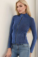 Pocketed Turtleneck Zip Up Denim Top - V.I.P Digital Presence