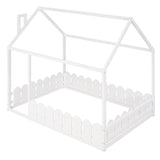 (Slats are not included) Full Size Wood Bed House Bed Frame with Fence for Kids Teens Girls Boys (White ) - V.I.P Digital Presence
