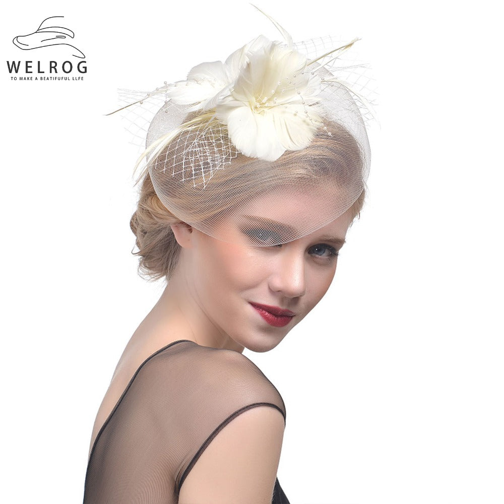 WELROG Feather Cap Lady Cocktail Dinner Party Fedoras Wedding Bridal Mesh Veil Hats Vintage Sombreros Chapeau Fascinators Hat - V.I.P Digital Presence