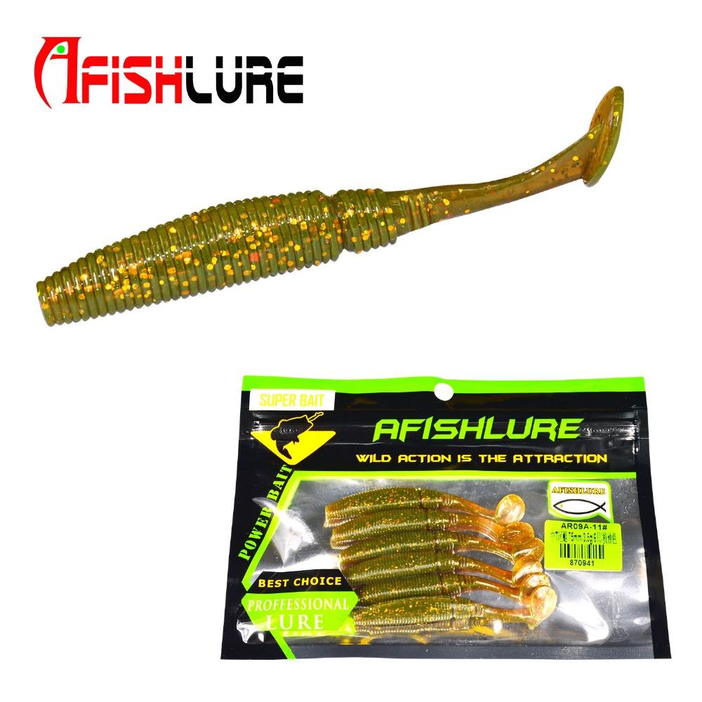 AFISHLURE 6 piezas/lote T Tail Soft Worm 3,2 g 75 mm Paddle wobbler señuelo de pesca para lubina cebo de pesca Grub Swimbait 