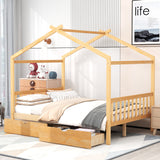 Full Size House Platform Bed with Two Drawers,Headboard and Footboard Roof Design Natural