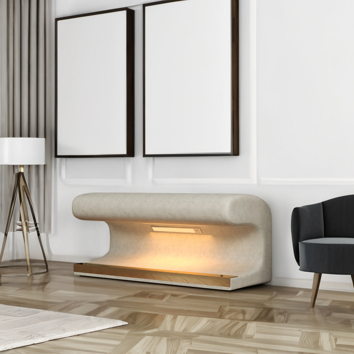Entryway Bench Leather Upholstered Ottoman with LED sensor light for living room ,bedroom,end of bed ，Beige - V.I.P Digital Presence