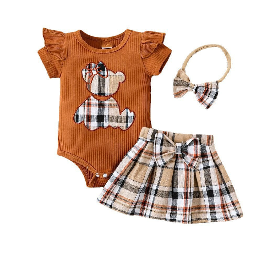 Newborn baby girl summer style teddy bear sticker embroidery bag fart triangle Ha clothes plaid butterfly - V.I.P Digital Presence