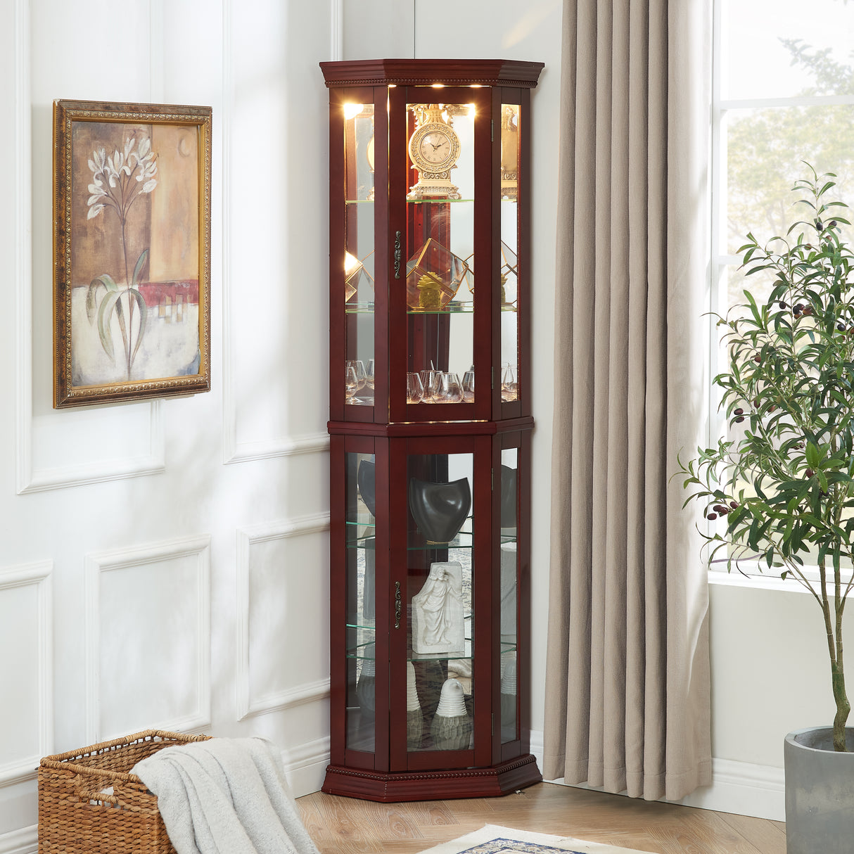 Corner Curio cabinet with lights, adjustable tempered glass frame, display cabinet, cherry color (excluding E26 light bulbs) - V.I.P Digital Presence