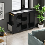 Stylish mobile desk with lockable wheels,bedside table with 5mm thick grooved tempered glass and gold round bars ，black - V.I.P Digital Presence