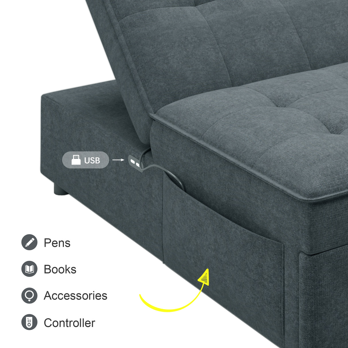 Four in one sofa bed, chair bed, multifunctional folding Ottoman bed with storage bag and USB port, dark blue - V.I.P Digital Presence