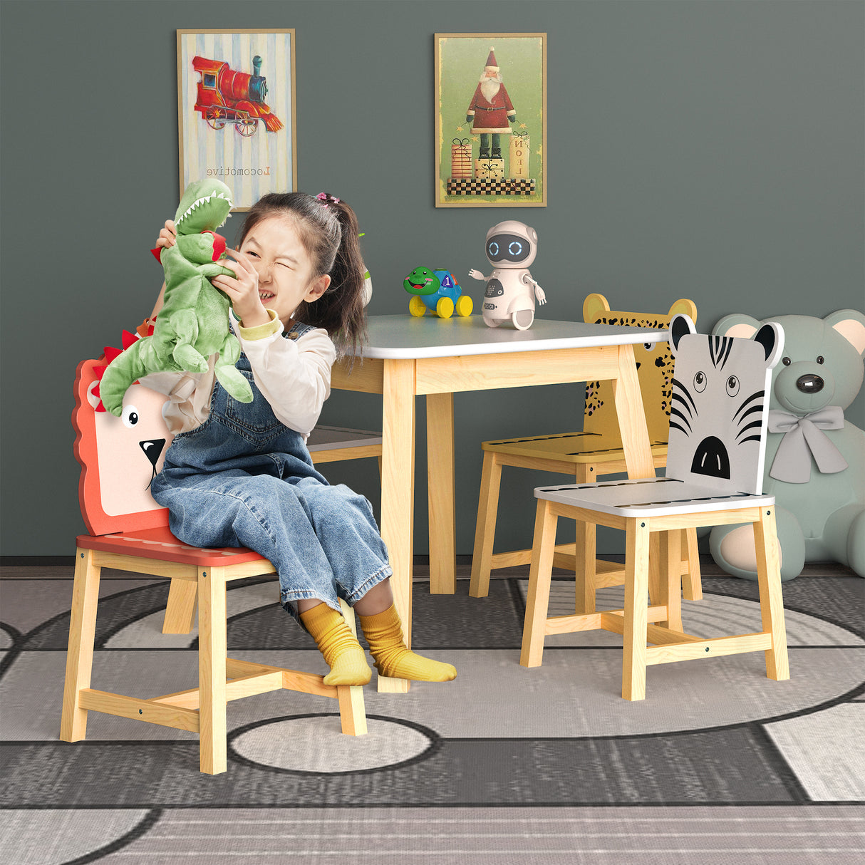 5 Piece Kiddy Table and Chair Set  Kids Wood Table with 4 Chairs Set Cartoon Animals (bigger table) (3-8 years old) - V.I.P Digital Presence