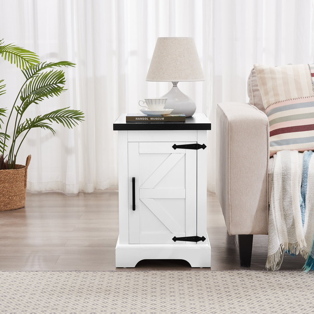 Farmhouse tea table bedside table rectangular farmhouse tea table with barn door and adjustable storage rack, white - V.I.P Digital Presence