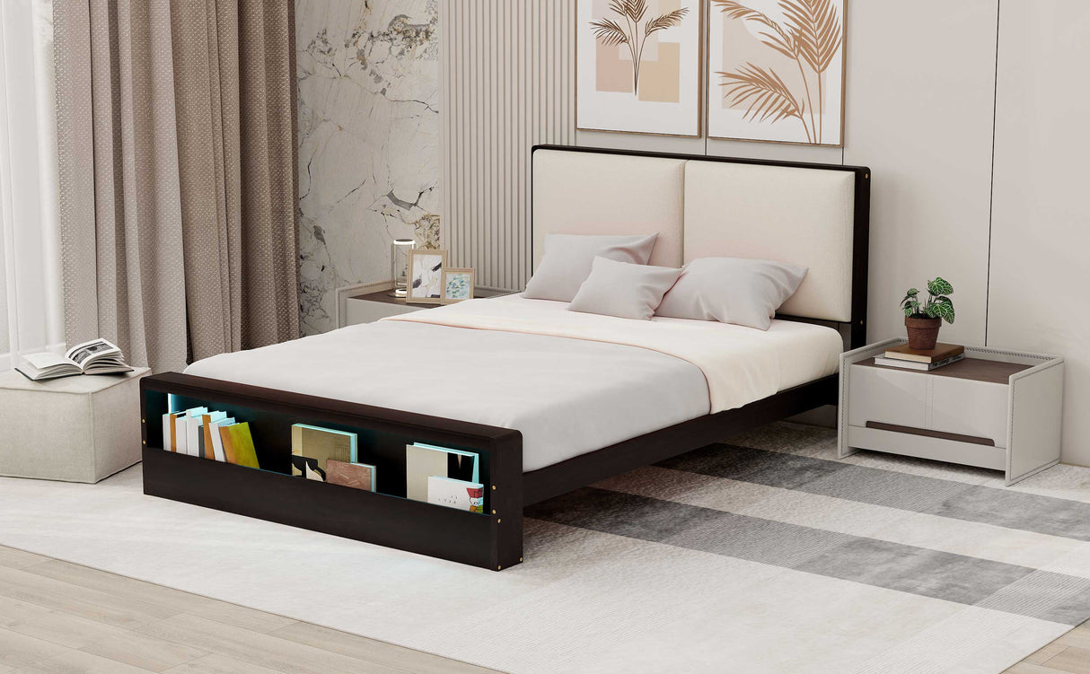 Queen Size Platform Bed Frame with Upholstery Headboard and Bookshelf in Footboard and LED Light Strips, Espresso - V.I.P Digital Presence