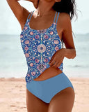 Digital Printed Shoulder Strap Tankini High Waist Triangle Pants Split Swimsuit for Women - V.I.P Digital Presence