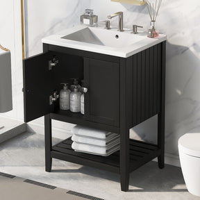 24" Black Modern Sleek Bathroom Vanity Elegant Ceramic Sink with Solid Wood Frame Open Style Shelf - V.I.P Digital Presence