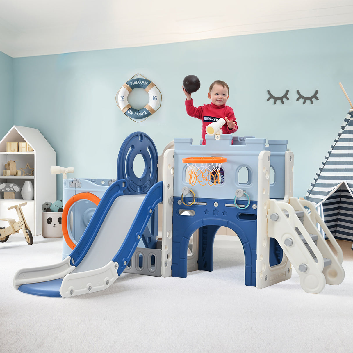 10-1 Toddler Slide Set,Kids Slide for Toddlers Ages 1+, Basketball Hoop Pirate Ship Themed Slide with Ship Head Indoor& Outdoor - V.I.P Digital Presence