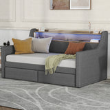 Twin Size Daybed with Storage Drawers, Upholstered Daybed with Charging Station and LED Lights, Gray - V.I.P Digital Presence
