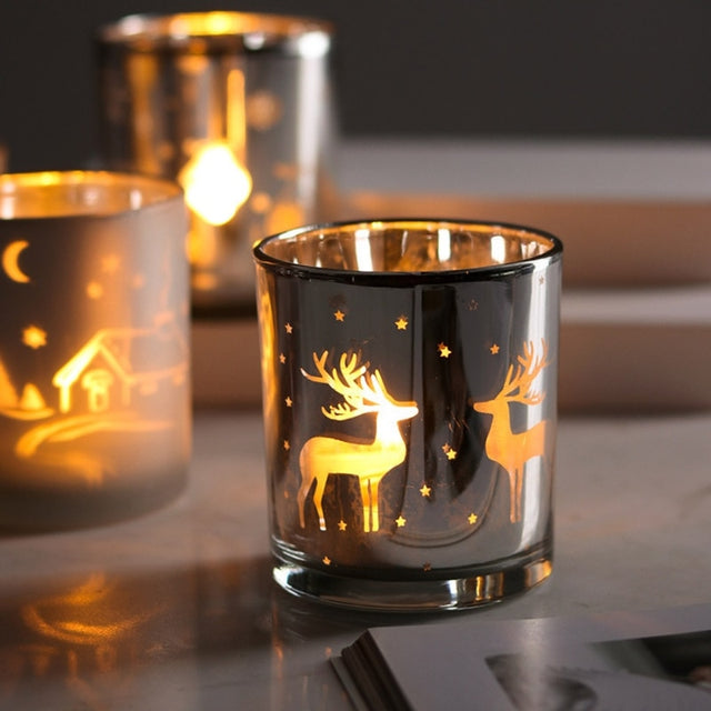 Silver Scented Candle Container Handmade Candle Glass Empty Jar Christmas Reindeer Pattern Light Candle Cup Home Decor - V.I.P Digital Presence
