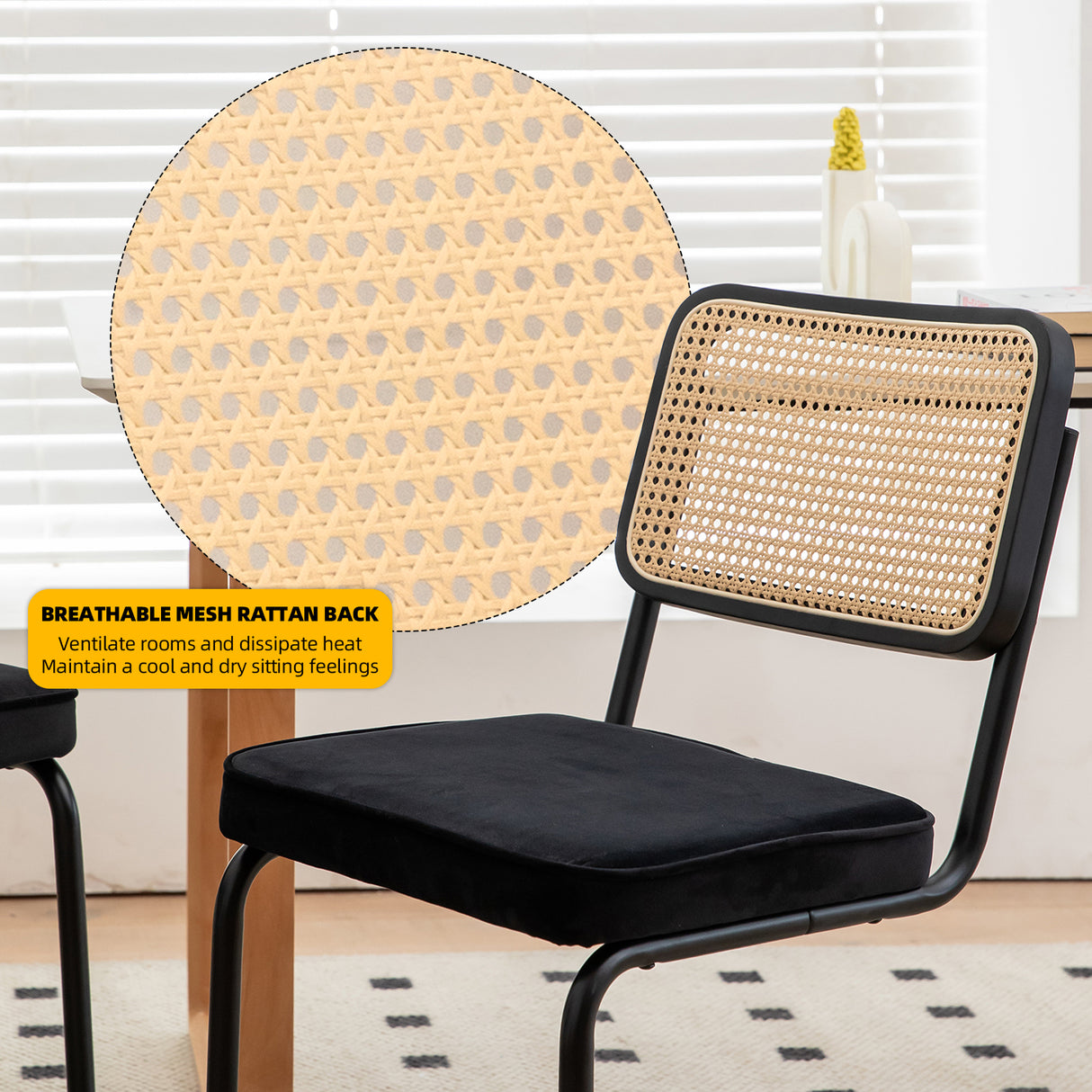 Dining Chairs Set of 2 velvet wicker side decorative chairs, black painted legs, modern medieval Bruell designed chairs, - V.I.P Digital Presence
