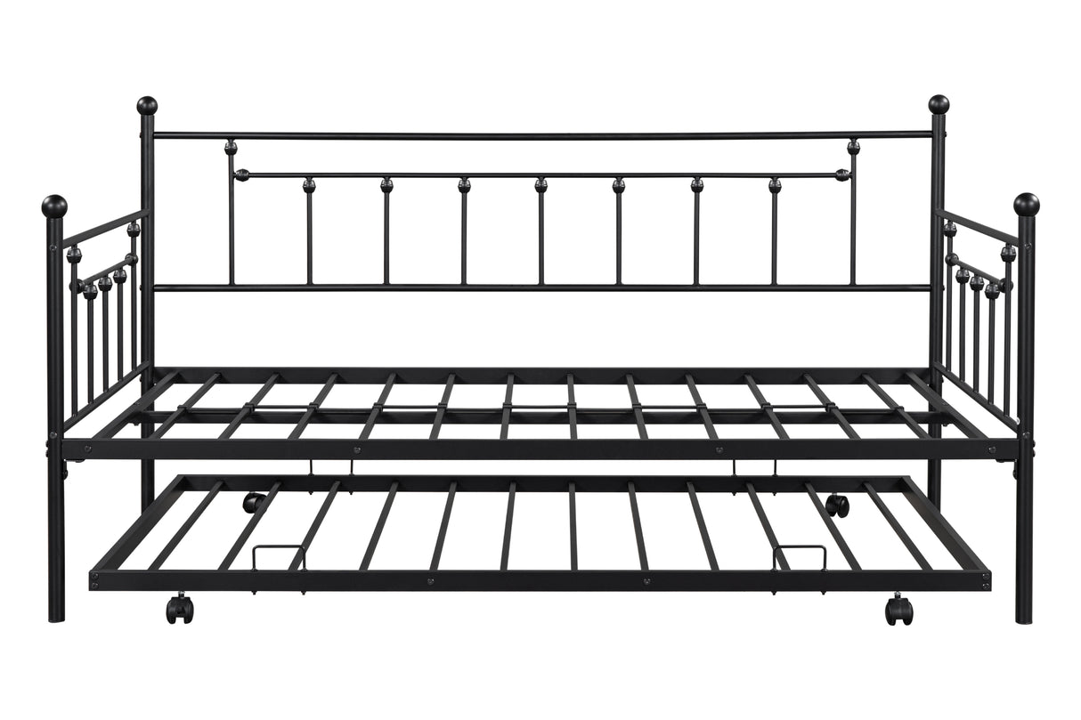 Metal double bed with ear shaft/sturdy/noise reduction/flexible ear shaft/retro style/no need for spring box (Black)
