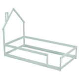Twin Size Wood bed with House-shaped Headboard Floor bed with Fences,Light Green - V.I.P Digital Presence