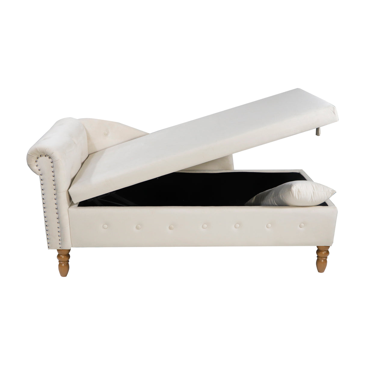 Beige Chaise Lounge Indoor Velvet Lounge Chair for Bedroom with Storage & Pillow Modern Upholstered Rolled Arm Chase Lounge - V.I.P Digital Presence