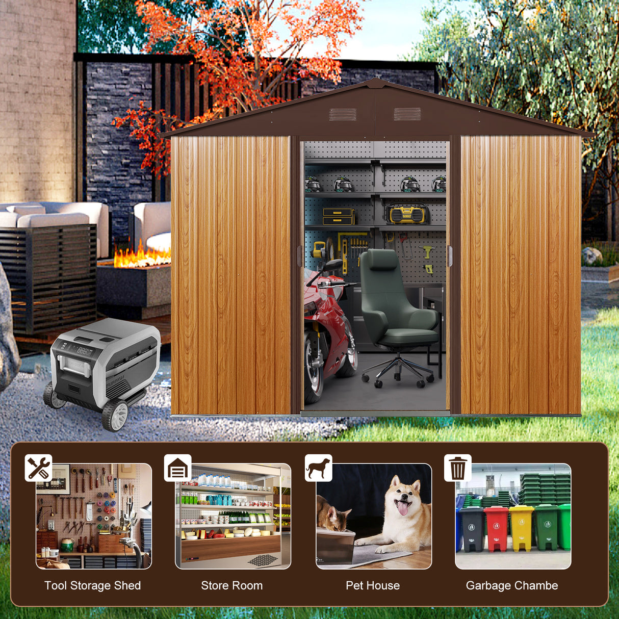 8ft x 6ft Outdoor Metal Storage Shed with Floor Base Coffee(W540S00014) - V.I.P Digital Presence