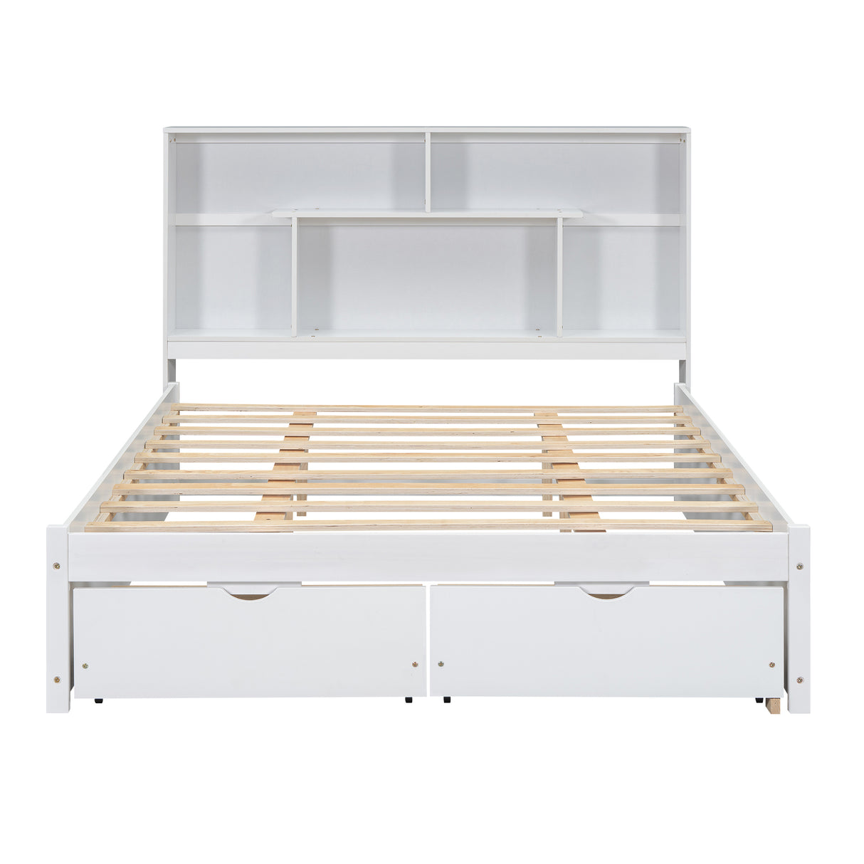 Queen Size Platform Bed with Storage Headboard and 2 Drawers, White - V.I.P Digital Presence